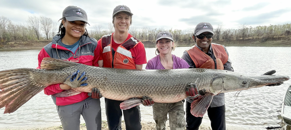 Researchers in field holding large fish